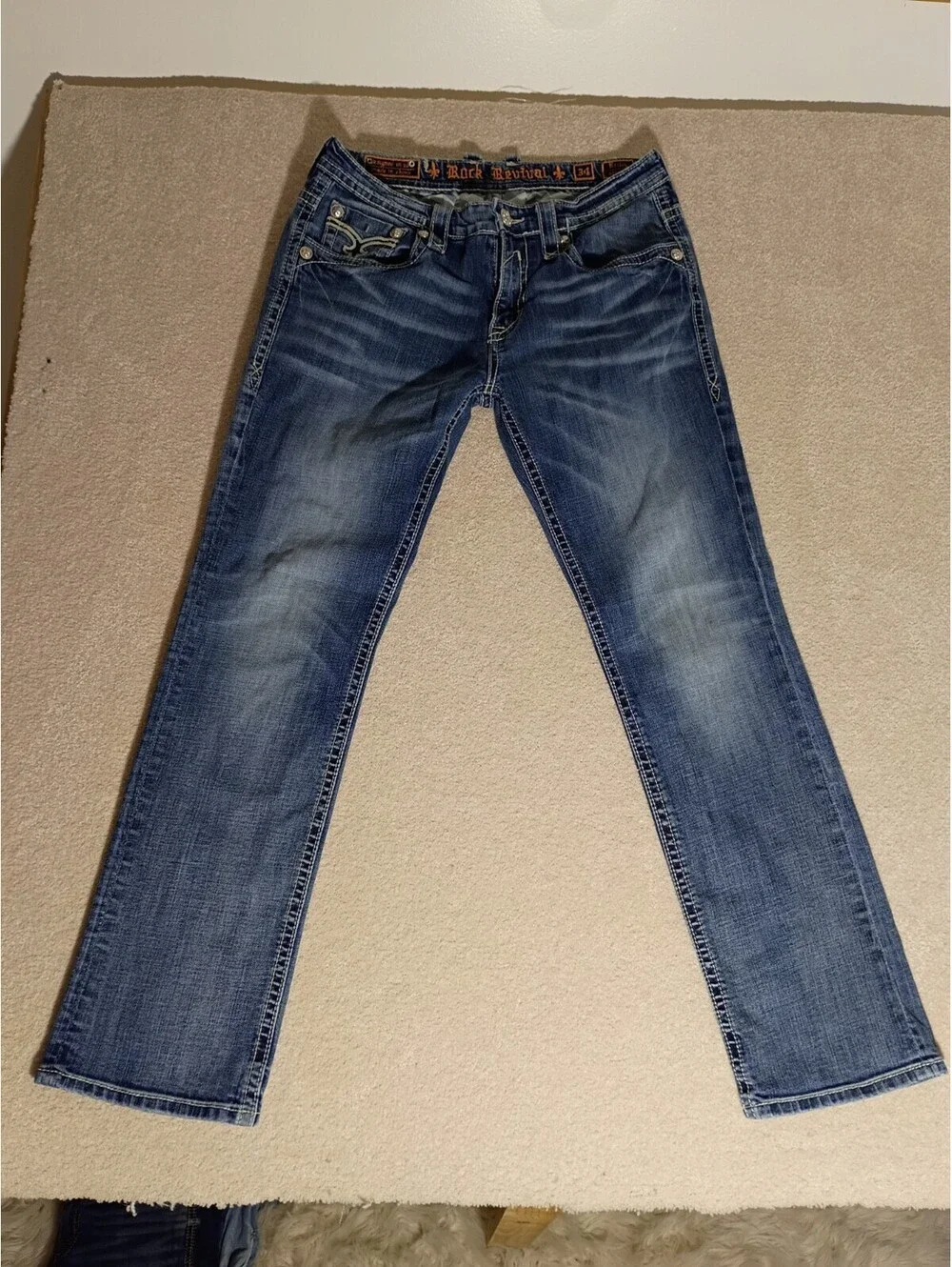 Rock Revival Jeans Men 34x31 Briley Straight Fit Embroidered Denim Pants Flap